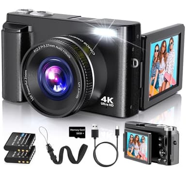 4K Digital Camera for Photography Autofocus, 2026 Latest 48MP Vlogging Camera for YouTube with SD Card, 2 Batteries, 3" 180°Flip Screen Compact Travel Camera for Teens with 16X Zoom, Anti-Shake,Black
