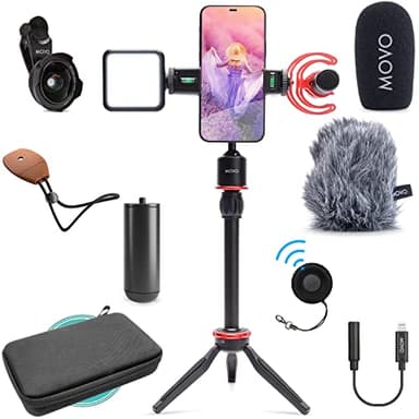 Movo iVlog1 Vlogging Kit - iPhone Lightning Compatible YouTube Starter Kit - Shotgun Microphone, Mini Tripod, LED Light, Wide-Angle Lens, Lightning Adapter