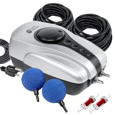 AquaMiracle All-in-One Koi Pond Aerator for Outdoor Pond up to 1000 Gallons, Air Pump Aeration Kit with 2 Outlets Air Stones Airline Tubing Check Valves