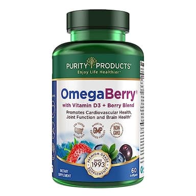 Purity Products OmegaBerry Fish Oil with Vitamin D3 and Organic Acai - 1250mg Concentrated Molecularly Distilled Ultra Pure Omega-3 Fish Oil, 500mg DHA + 650mg EPA - 60 Soft Gels - 30 Day Supply from