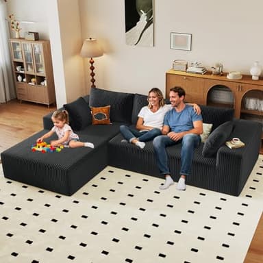 96" Modular Sectional Couch, Boneless L Shaped Cloud Sofa with Chaise Lounge, Corduroy Upholstered Couches Memory Foam Deep Seat, No Assembly Required, Ideal for Living Room(Black, Left Facing)