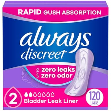 Always Discreet Incontinence Panty Liners for Bladder Leaks, Size 2, Very Light Absorbency, 120 Count