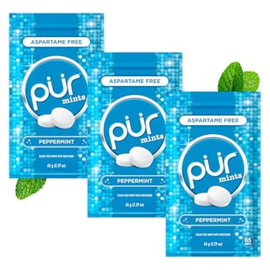 PUR Mints | Aspartame Free Breath Mints | Made with Xylitol | Sugar Free, Vegan, Gluten Free | Natural Peppermint Flavor | 65 Pieces in Re-Sealable pouch (Pack of 3)