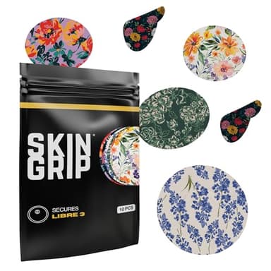 Skin Grip Freestyle Libre 3 & Instinct Sensor Covers-Waterproof & Sweatproof Adhesive Patches for 10-15 Days (Not for Libre2), Pre-Cut Continuous Glucose Monitor Diabetic Sensors Cover-10 Pack,Floral