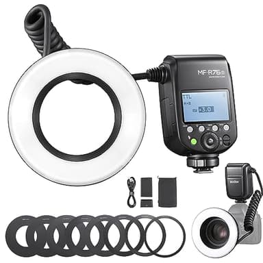 GODOX Macro Ring Flash for Sony MF-R76S TTL/M Mode CCT 5900K 76Ws 2.4G Wireless Control 550 Full-Power Flashes 0.1-1s Recycle Time Dual-Flash Tubes with LCD Screen for Inscet Plant Jewelry Shooting