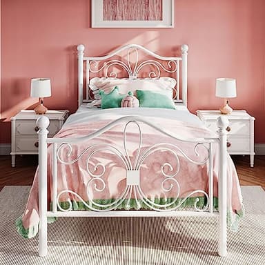 SHA CERLIN Twin Size Bed Frame for Kids,Metal Bed Frame with Butterfly Pattern Design Headboard & Footboard,No Box Spring Needed,Easy Assembly,White