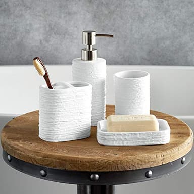 DKNY Ripple Bath Accessories Set Ceramic Lotion Pump Toothbrush Holder Tumbler Soap Dish, 4-Pc White