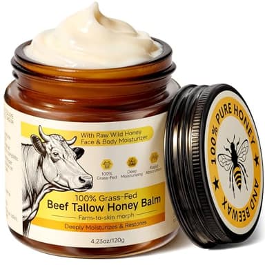 Beef Tallow for Skin & Face, Whipped Tallow and Honey Balm Cream, 100% Grass-Fed Beef Tallow Face Moisturizer with Raw Honey, All Natural Organic Body Lotion Skincare for Women & Men, Unscented 4.2 OZ