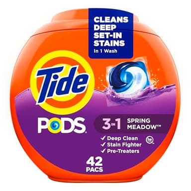 Tide PODS laundry detergent pacs, 3-in-1 Stain Remover, Odor Fighter, Color Protector, 42 Count, HE compatible, Spring Meadow Scent