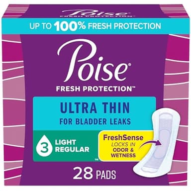 Poise Ultra Thin Incontinence Pads & Postpartum Pads for Bladder Leaks, 3 Drop Light Absorbency, Regular Length, 28 Count, Packaging May Vary