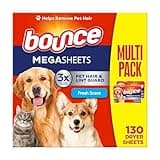 Bounce Pet Hair and Lint Guard Mega Dryer Sheets with 3X Pet Hair Fighters, Fresh Scent, 130 Count, Bounce Dryer Sheets, Fabric Softener Sheets