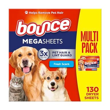 Bounce Pet Hair and Lint Guard Mega Dryer Sheets with 3X Pet Hair Fighters, Fresh Scent, 130 Count