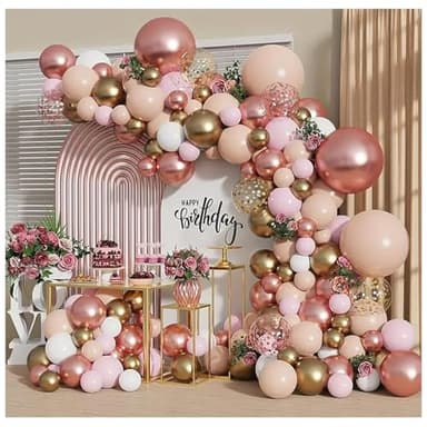 Rose Gold Balloon Garland Kit, Nude Pastel Pink Metallic Gold Matte White Balloons Gold and Rose Gold Confetti Balloons for Valentines Day Wedding Bridal Shower Party Girl Birthday Decorations