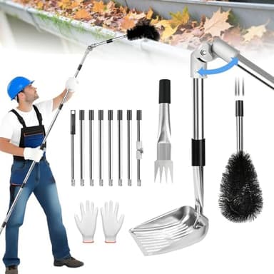 11.8FT Gutter Cleaning Tools from the Ground, Adjustable Length Gutter Cleaning Pole with Gutter Scoop, Gutter Brush, Gutter Rake, Efficient Gutter Cleaner for Leaves, Twigs & Debris