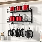 19"- 30" Expandable Hanging Pot Rack, 2 Tier Heavy Duty Wall Mounted Pots and Pans Organizer with 10 Hooks and 5 Pot Lid Holders, Pot Hanger Shelf for Kitchen Cookware Utensils Organizers and Storage