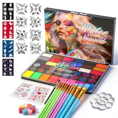 Non-Toxic Professional 42 Color Face Painting Kit for Kids & Adults - Water-Activated Face Paint, All-In-One with Brushes/Stencils/Sponges, Safe for Birthday/Halloween/School Events/Festivals