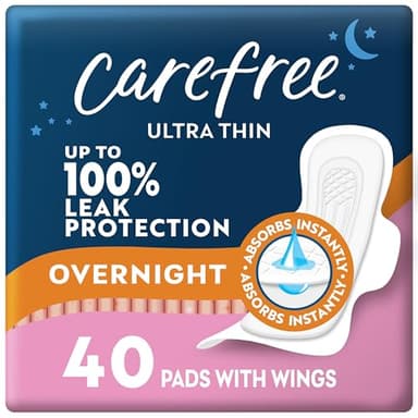Carefree Ultra Thin Pads for Women, Overnight with Wings | Feminine Care & Postpartum Protection | 40ct (Pack of 1)