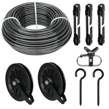 fshihine Outdoor Clothesline Kit, 150ft Black PVC Coated Galvanized Clothes Line Pulley Kit with 6.3" Clothesline Pulley, M8 Metal Hooks, 3Pcs Separator, Outdoor Clothes Line Heavy Duty