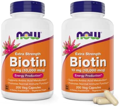 NOW Foods Extra Strength Biotin 10,000mcg / 10 mg - 200 Veg Capsules (Pack of 2) - Hair, Skin, Nail - Supplement for Men and Women - B7 Vitamin - Vegetarian, Vegan, Non-GMO