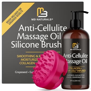 Anti Cellulite Massage Oil and Silicone Body Brush – Collagen and Stem Cell Skin Tightening Formula for Smoothing and Firming, 8 fl oz by M3
