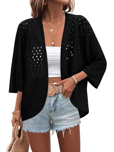 Zeagoo Womens Summer Crochet Cardigan Sweaters Lightweight Open Front 3/4 Sleeve Batwing Kimono Boho Knit Cover Ups 2026 Black