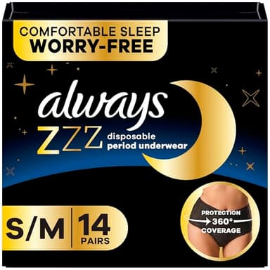 Always ZZZ Overnight Disposable Period Underwear for Women Small/Medium, 360° Coverage for Worry-Free Nights, 14 Count (2 Packs of 7)