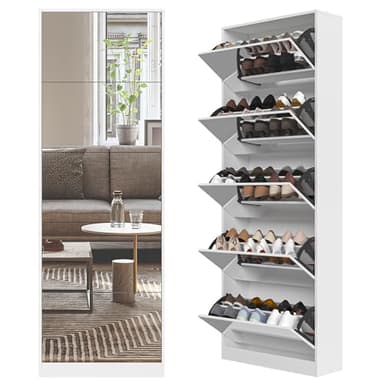 Organizedlife Shoe Storage Cabinet with Full Length Mirror, 30 Pairs & 5 Flip Drawer, Free Standing Shoe Rack Cabinet, Narrow Shoes Organizer for Front Door, Entryway