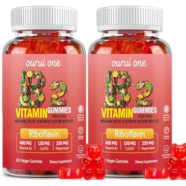 ourui one Vitamin B2 Gummies 400mg | Riboflavin 400mg with CoQ10 150mg, Magnesium 200mg | B2 Vitamin 400mg for Kids & Adults, Nervous System & Skin Health | 60 Vegan Chewables（Pack 2