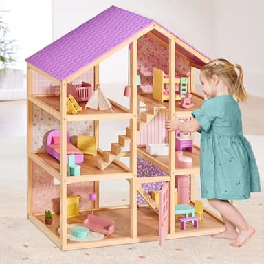 Tiny Land Wooden Dollhouse for Girls - 6 Rooms Wooden Doll House, DIY Pretend Doll House with 31Pcs Furniture Accessories, Creative Gift for Girl Ages 3+ (Unicorn Purple)