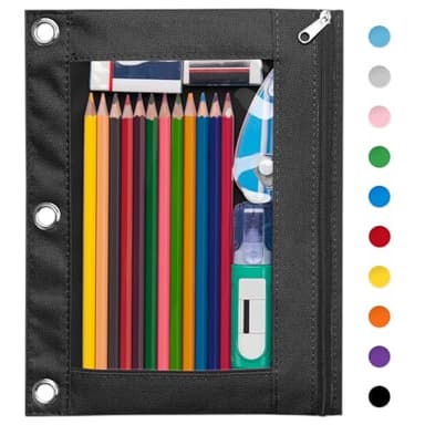 Forvencer Pencil Pouch for 3 Ring Binder, Large Pencil Case Pouch with 3 Reinforced Grommets, Pen Bag, Clear Window Pencil Case, Binder Accessories, Black