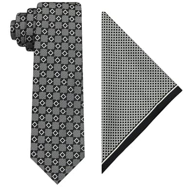 Geoffrey Beene Mens Classic Formal Casual Modern Pattern Design Textured Geo Tie Pocket Square Set, Black
