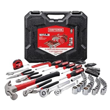 CRAFTSMAN 102-Piece Tool Kit for Home and Car, Durable Hand Tools Set with SAE and Metric Socket Set, Screwdrivers, Wrench, Hammer, Pliers, Knife, Hex Keys, Specialty Bits, Tape Measure (CMMT99449)