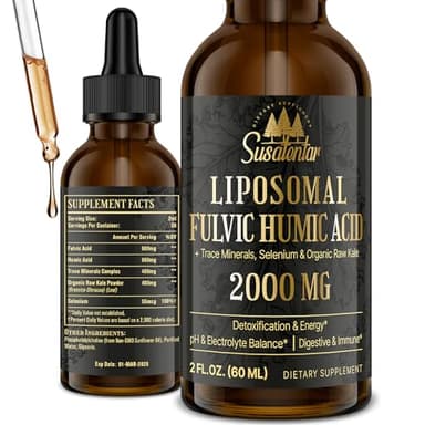 2000 MG Liposomal Fulvic Acid + Humic Acid + Trace Minerals Complex - More Potent Than Shilajit, Electrolytes Liquid Supplement with Organic Kale for Energy, Digestion, Immunity & pH Balance, 2 Oz