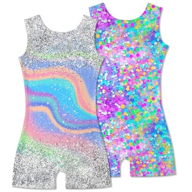 Taubow 2 Packs Gymnastics Leotards for Girls Size 5 6 Kids Biketard with Shorts Gradient Tie Dye Diamond Ballet Dance Leotard Unitard