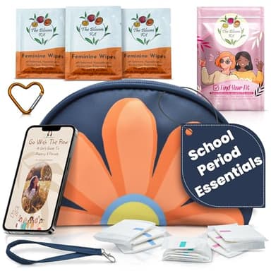 The Bloom First Period Kit for Girls 9-12, Cute Sanitary Napkin Storage Bag Gifts, Tween Period Starter Kit, Portable Waterproof Emergency Sanitary Pad Pouch for Active Girls - 16 PC, (Blue)