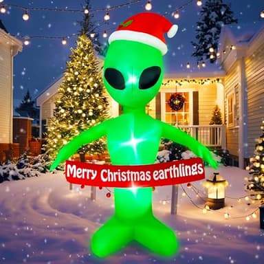 JOYEASE 6 FT Christmas Inflatables Alien with Merry Christmas Earthlings Banner Decorations LED Lighted Xmas Christmas Blow Up Yard Decorations for Party Indoor Outdoor Garden Decor
