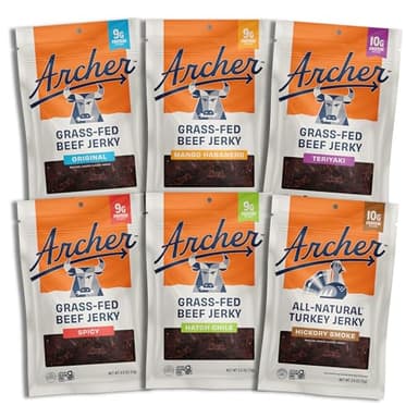 Archer Jerky Grass-Fed Beef Jerky Variety Pack- Beef Snack Packs, Protein Snack Assortment, Flavor Sampler, Original, Mango Habanero, Teriyaki, Spicy, Hatch Chile - 2.5 oz (Pack of 6)