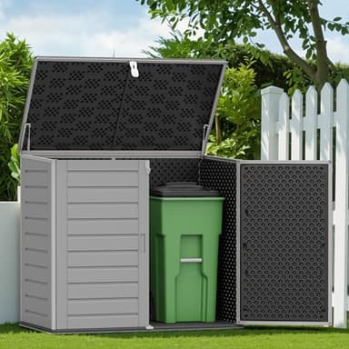 Outdoor Trash Can Storage Shed 4.6 x 4.1 FT, 304 Gallon Resin Shed with Lockable Doors & Lift Lid, Waterproof Outdoor Storage for Garden Tools, Cushions and Patio Equipment (Gary)