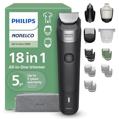 Philips Norelco All-in-One 18-Piece Trimmer 5000 Series - Shaver and Clipper for Face, Hair & Body, Self-sharpening Titanium Coated Blades, 16 Length Settings (0.5-16 mm), Wide Hair Clipper, MG5970/49