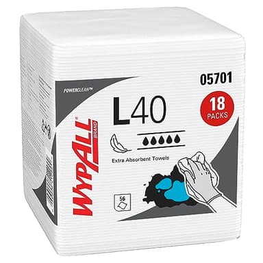 Wypall PowerClean L40 Cloths Extra Absorbent Wipes (05701), Quarterfold, Bulk Paper Wipers, White (18 Packs of 56 Sheets, 1,008 Sheet Total)