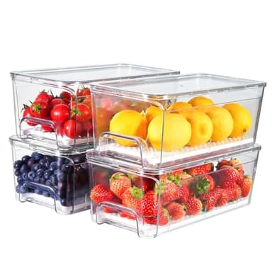 Brippo 4-Pack Refrigerator Drawer Organizer Bins, Clear Stackable Pull Out Fridge Organizers and Storage Container, with Strainer Layer for Fruits, Vegetables, Drinks, Snack and Food