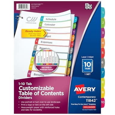 Avery Dividers for 3 Ring Binders, 10 Tabs per Set, Customizable Table of Contents, Multicolor Arched Tabs, Great for Organizing Reports, Projects, and More (11842)