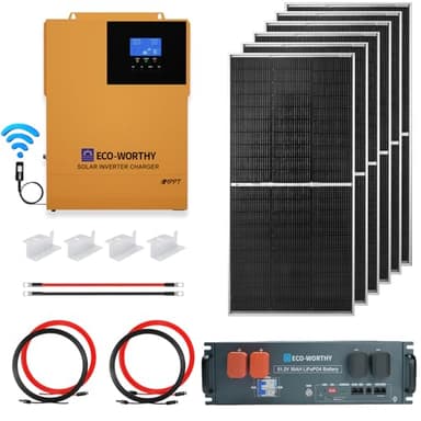 ECO-WORTHY 4.68KWH Solar Power Complete Kit 1200W 48V with Lithium Battery and Inverter for Home: 6pcs 195W N-Type Bifacial Solar Panels + 1pc 48V 50Ah Li-Battery + 3500W Solar Charger Inverter