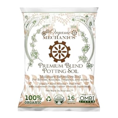 Organic Mechanics Premium Blend Potting Soil, 16 qt - Moisture-Retentive, Peat-Free, Compost - Enriched Mix with Worm Castings & Perlite for Houseplants, Annuals, Veggies & Tropical Plants