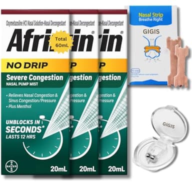 GIGIS No-Drip Severe Congestion 12 Hour Nasal Spray, 3x20mL Bundle Anti-Snoring Nose Clip & Nasal Strip (3 Items)