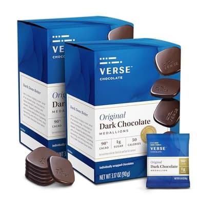 Verse 90% Dark Chocolate Squares - Only 1g Cane Sugar - Creamy Dark Cocoa - Individually Wrapped Cacao Chocolate Squares (9 Count, 2 Pack)