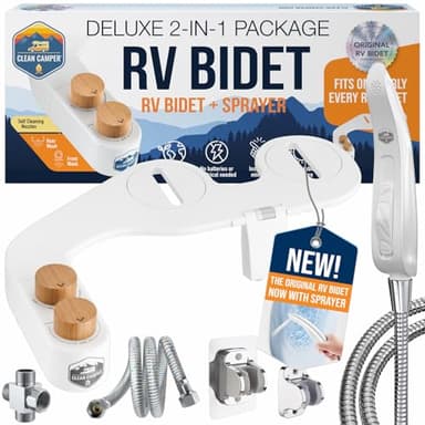 Clean Camper RV Bidet Deluxe Kit – Dual Nozzle Bidet + 4-Ft Handheld Spray Wand for & Full RV Bathroom Cleaning – Adjustable Water Pressure, Compact Reversible RV Fit, Brass Fittings, 4-Way T-Adapter