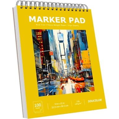 Soucolor 100 Sheets Marker Paper Pad, 9"x12" Bleedproof Art Sketch Pad, 73lb/120gsm Drawing Paper Spiral Sketch Book, Alcohol Marker Paper Painting Coloring Paper for Adult, Artists