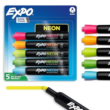EXPO Neon Dry Erase Markers, Assorted, Bullet Tip, 5 Count - Fun, Vibrant Colors for Whiteboard, Glass, Acrylic, Home Organization