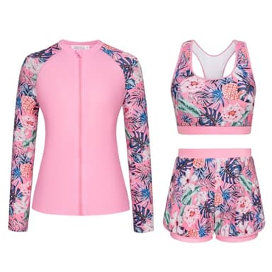 3 Piece Swimsuit for Women, Long Sleeve Rash Guard Swimsuits Bathing Suit 2026, UPF 50+ Swim Shirt Built in Bra & Boyshorts M